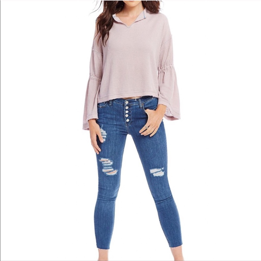 NWT FREE PEOPLE DAHLIA V-NECK LONG SLEEVE RIBBED TOP Coastal Cowgirl Cottagecore